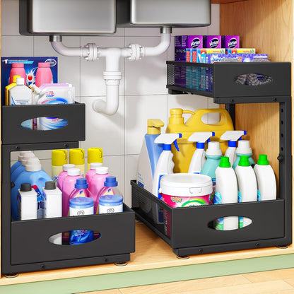 Under Sink Organizer, Pull Out Cabinet Organizer 2 Tier Metal Slide Out Storage Shelf Rack, L-Shaped Adjustable Height,Mesh Sliding Drawer for Kitchen, Bathroom, Laundry, Pantry, White, XL