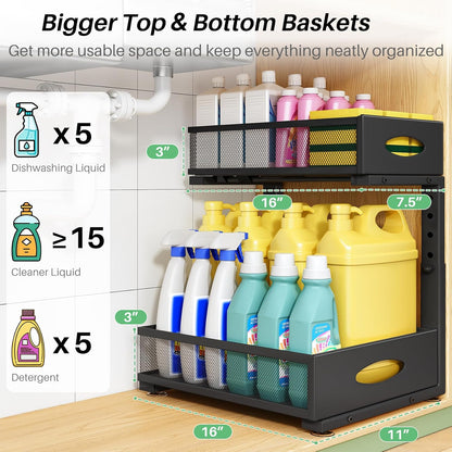Under Sink Organizer, Pull Out Cabinet Organizer 2 Tier Metal Slide Out Storage Shelf Rack, L-Shaped Adjustable Height,Mesh Sliding Drawer for Kitchen, Bathroom, Laundry, Pantry, White, XL