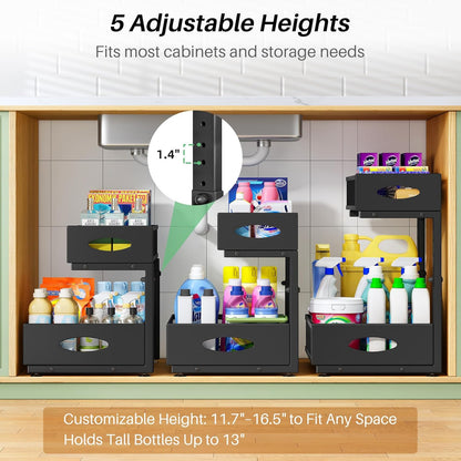 Under Sink Organizer, Pull Out Cabinet Organizer 2 Tier Metal Slide Out Storage Shelf Rack, L-Shaped Adjustable Height,Mesh Sliding Drawer for Kitchen, Bathroom, Laundry, Pantry, White, XL
