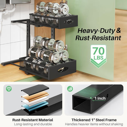 Under Sink Organizer, Pull Out Cabinet Organizer 2 Tier Metal Slide Out Storage Shelf Rack, L-Shaped Adjustable Height,Mesh Sliding Drawer for Kitchen, Bathroom, Laundry, Pantry, White, XL