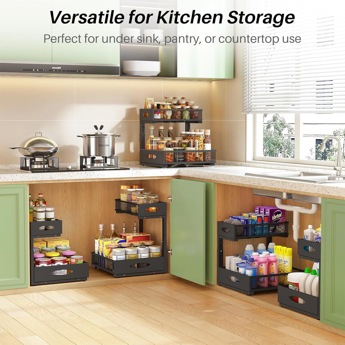 Under Sink Organizer, Pull Out Cabinet Organizer 2 Tier Metal Slide Out Storage Shelf Rack, L-Shaped Adjustable Height,Mesh Sliding Drawer for Kitchen, Bathroom, Laundry, Pantry, White, XL