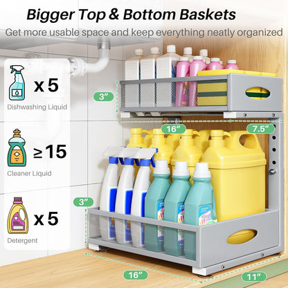 Under Sink Organizer, Pull Out Cabinet Organizer 2 Tier Metal Slide Out Storage Shelf Rack, L-Shaped Adjustable Height,Mesh Sliding Drawer for Kitchen, Bathroom, Laundry, Pantry, White, XL