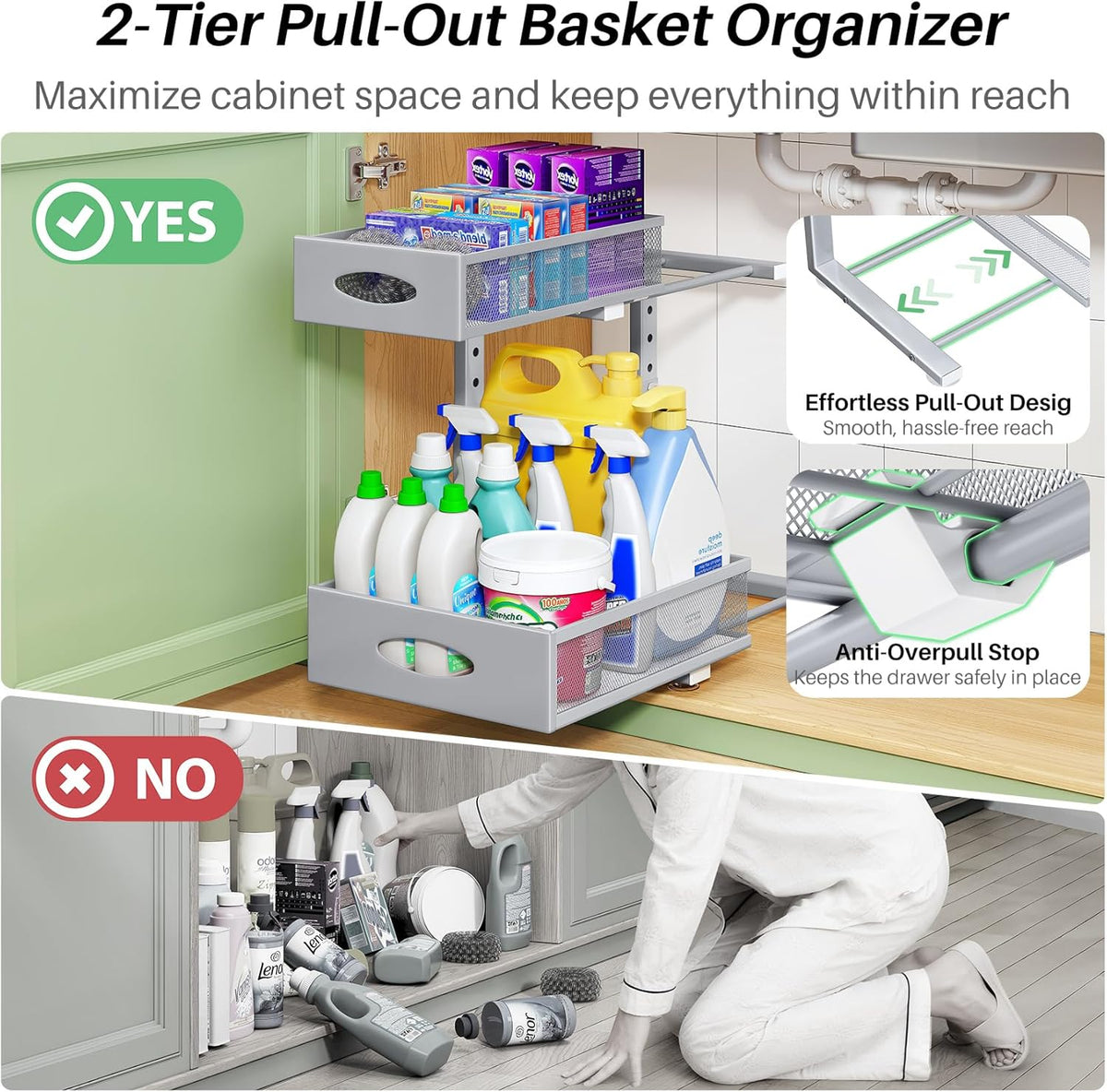 Under Sink Organizer, Pull Out Cabinet Organizer 2 Tier Metal Slide Out Storage Shelf Rack, L-Shaped Adjustable Height,Mesh Sliding Drawer for Kitchen, Bathroom, Laundry, Pantry, White, XL
