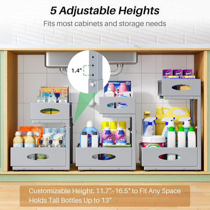 Under Sink Organizer, Pull Out Cabinet Organizer 2 Tier Metal Slide Out Storage Shelf Rack, L-Shaped Adjustable Height,Mesh Sliding Drawer for Kitchen, Bathroom, Laundry, Pantry, White, XL