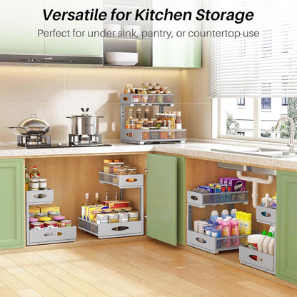 Under Sink Organizer, Pull Out Cabinet Organizer 2 Tier Metal Slide Out Storage Shelf Rack, L-Shaped Adjustable Height,Mesh Sliding Drawer for Kitchen, Bathroom, Laundry, Pantry, White, XL