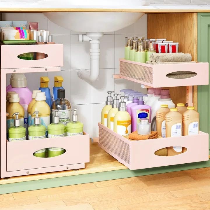 Under Sink Organizer, Pull Out Cabinet Organizer 2 Tier Metal Slide Out Storage Shelf Rack, L-Shaped Adjustable Height,Mesh Sliding Drawer for Kitchen, Bathroom, Laundry, Pantry, White, XL