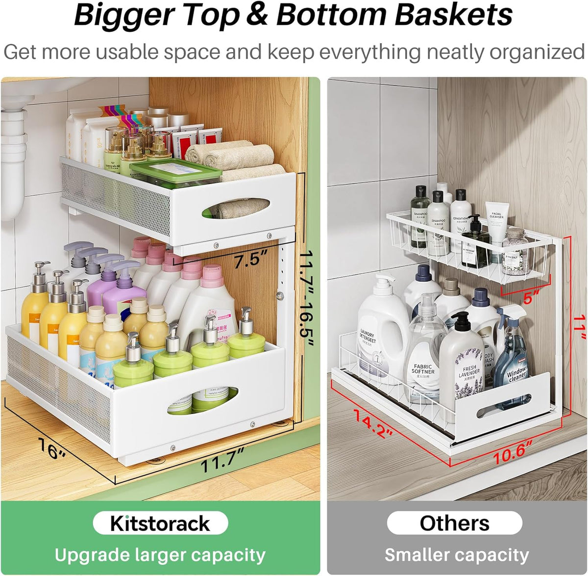 Under Sink Organizer, Pull Out Cabinet Organizer 2 Tier Metal Slide Out Storage Shelf Rack, L-Shaped Adjustable Height,Mesh Sliding Drawer for Kitchen, Bathroom, Laundry, Pantry, White, XL