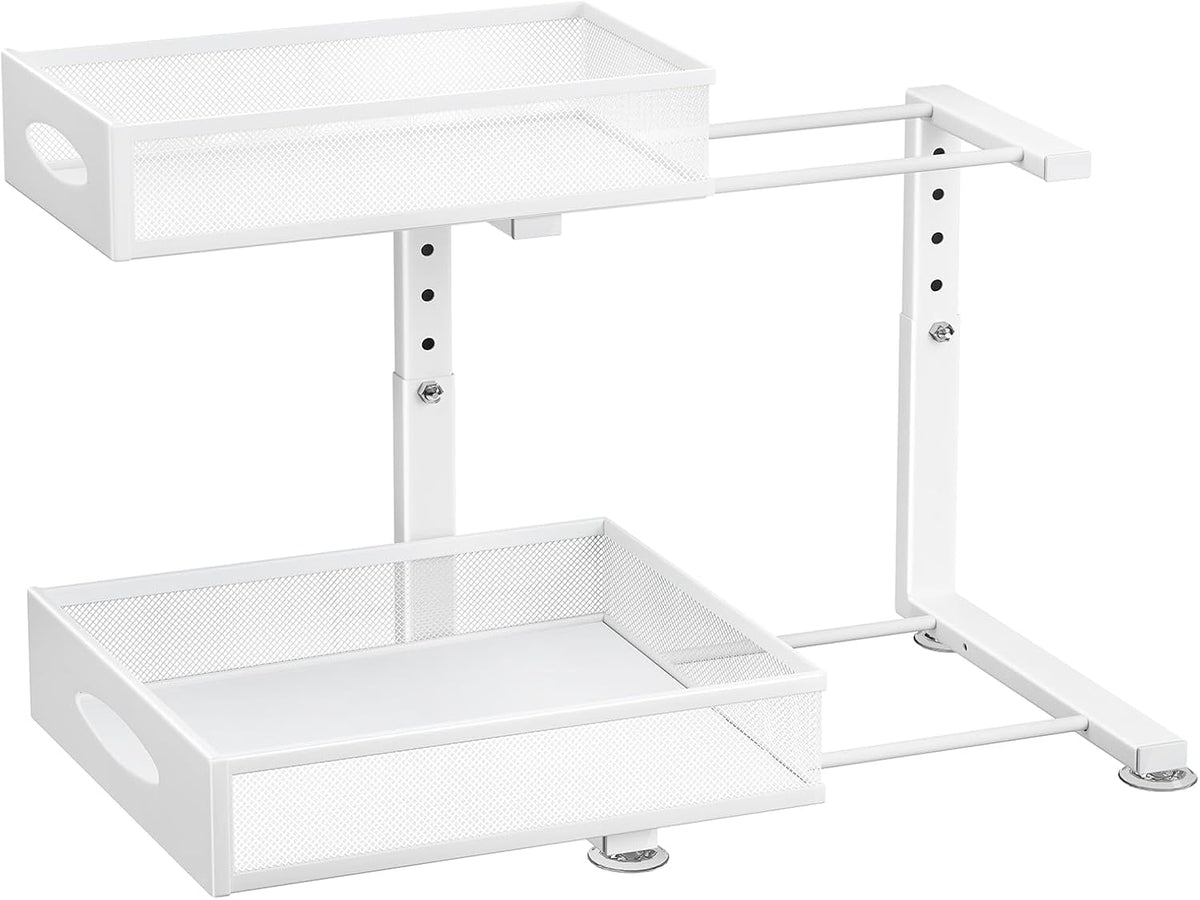 Under Sink Organizer, Pull Out Cabinet Organizer 2 Tier Metal Slide Out Storage Shelf Rack, L-Shaped Adjustable Height,Mesh Sliding Drawer for Kitchen, Bathroom, Laundry, Pantry, White, XL