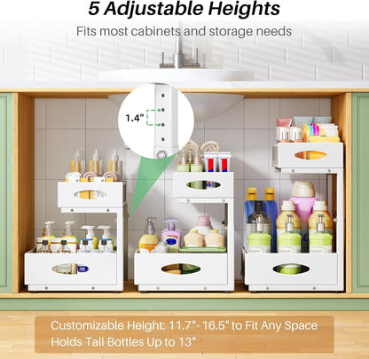 Under Sink Organizer, Pull Out Cabinet Organizer 2 Tier Metal Slide Out Storage Shelf Rack, L-Shaped Adjustable Height,Mesh Sliding Drawer for Kitchen, Bathroom, Laundry, Pantry, White, XL