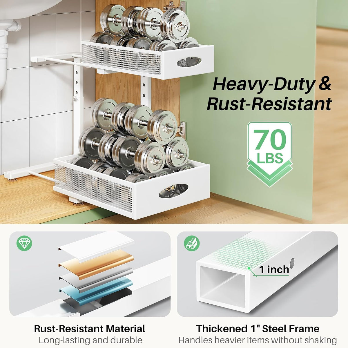 Under Sink Organizer, Pull Out Cabinet Organizer 2 Tier Metal Slide Out Storage Shelf Rack, L-Shaped Adjustable Height,Mesh Sliding Drawer for Kitchen, Bathroom, Laundry, Pantry, White, XL