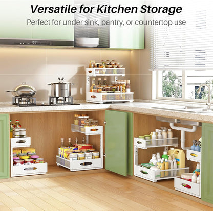 Under Sink Organizer, Pull Out Cabinet Organizer 2 Tier Metal Slide Out Storage Shelf Rack, L-Shaped Adjustable Height,Mesh Sliding Drawer for Kitchen, Bathroom, Laundry, Pantry, White, XL