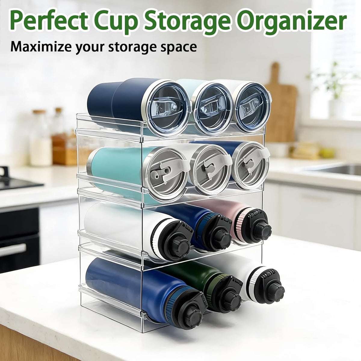 2 Pack Water Bottle Organizer, Stackable Kitchen Pantry Storage Shelf, Plastic Water Bottle Holder for Cabinet and Fridge Organization