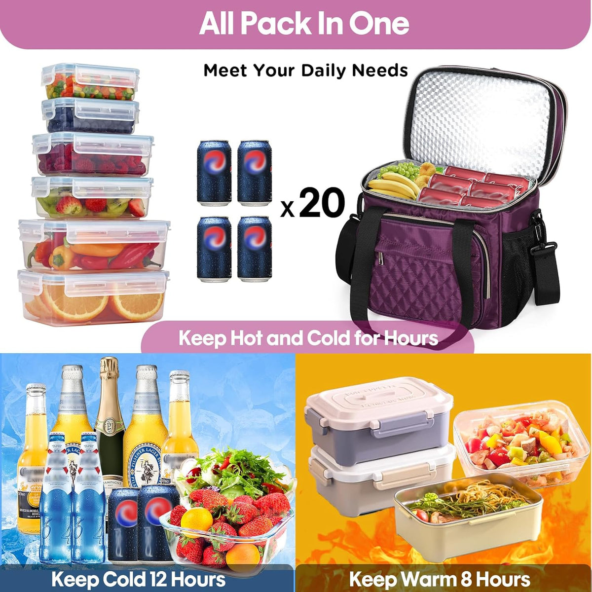 Expandable Lunch Box Insulated Leakproof Cooler Bag Work Outdoor