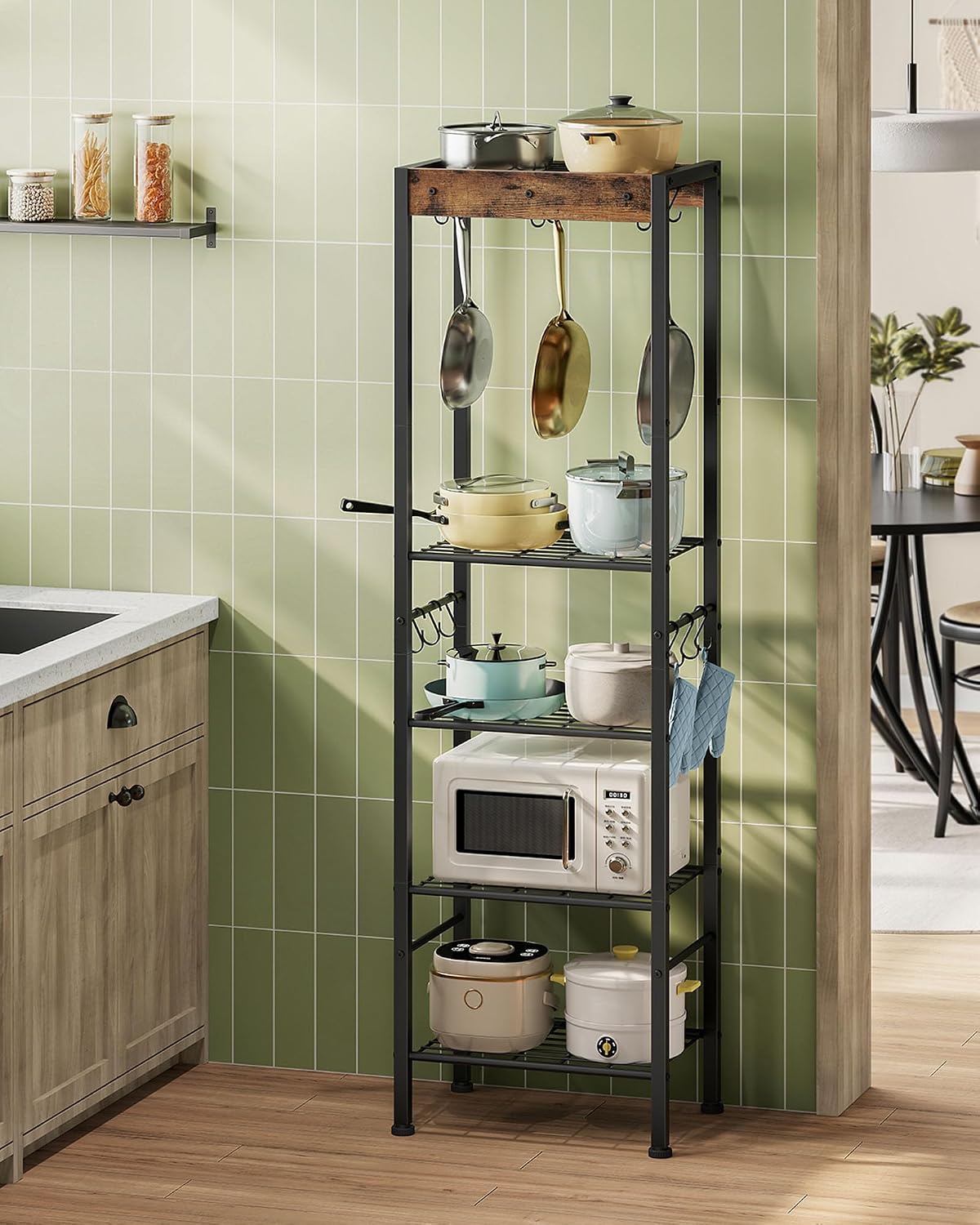 5-Tier Pot Rack, Floorstanding Pots and Pans Organizer, Kitchen Bakers Rack, Kitchen Island Table, Pots and Pans Organizer, Storage Stand, for Living Room, Rustic Brown and Black TPR16BF