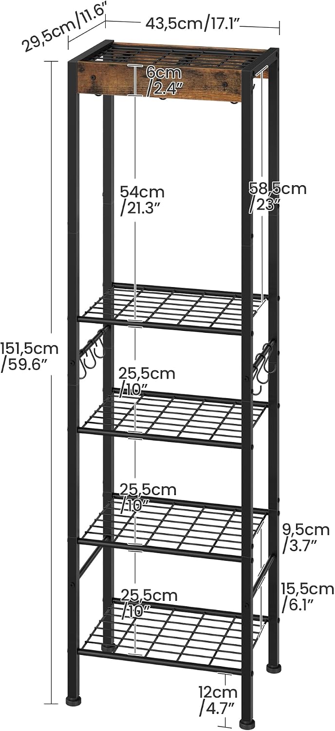 5-Tier Pot Rack, Floorstanding Pots and Pans Organizer, Kitchen Bakers Rack, Kitchen Island Table, Pots and Pans Organizer, Storage Stand, for Living Room, Rustic Brown and Black TPR16BF