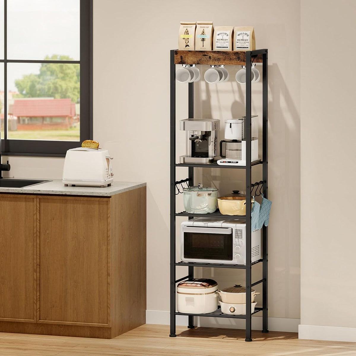 5-Tier Pot Rack, Floorstanding Pots and Pans Organizer, Kitchen Bakers Rack, Kitchen Island Table, Pots and Pans Organizer, Storage Stand, for Living Room, Rustic Brown and Black TPR16BF