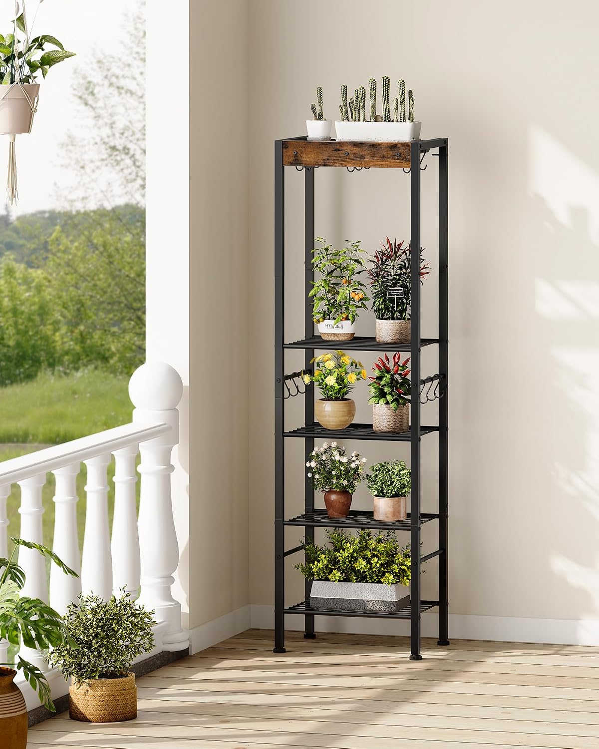 5-Tier Pot Rack, Floorstanding Pots and Pans Organizer, Kitchen Bakers Rack, Kitchen Island Table, Pots and Pans Organizer, Storage Stand, for Living Room, Rustic Brown and Black TPR16BF