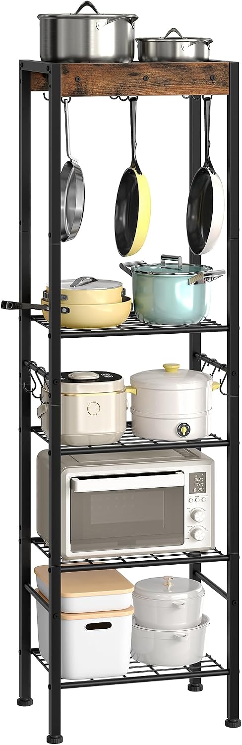 5-Tier Pot Rack, Floorstanding Pots and Pans Organizer, Kitchen Bakers Rack, Kitchen Island Table, Pots and Pans Organizer, Storage Stand, for Living Room, Rustic Brown and Black TPR16BF