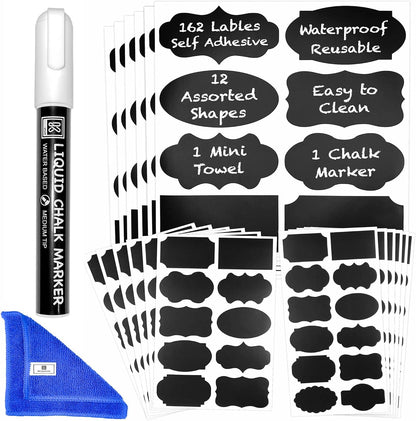 Chalkboard Labels for Jars, 162pcs Waterproof Reusable Stickers with Marker