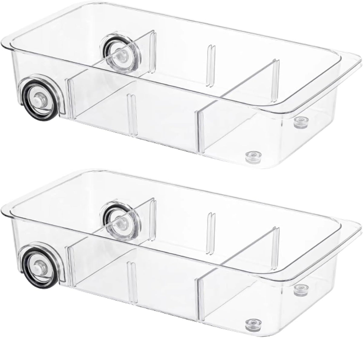 Roll-Out Refrigerator Organizers and Storage, Drawer Fridge Bins | Silicone Wheels, Adjustable Dividers, Thick Clear PET, Built-In Handle, for Fridge, Pantry, Bathroom & Kitchen Organization
