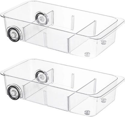 Roll-Out Refrigerator Organizers and Storage, Drawer Fridge Bins | Silicone Wheels, Adjustable Dividers, Thick Clear PET, Built-In Handle, for Fridge, Pantry, Bathroom & Kitchen Organization