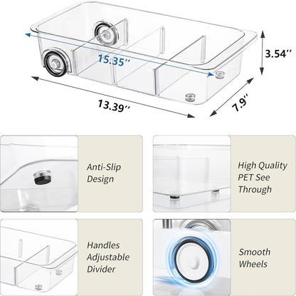Roll-Out Refrigerator Organizers and Storage, Drawer Fridge Bins | Silicone Wheels, Adjustable Dividers, Thick Clear PET, Built-In Handle, for Fridge, Pantry, Bathroom & Kitchen Organization