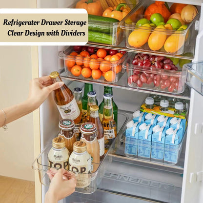 Roll-Out Refrigerator Organizers and Storage, Drawer Fridge Bins | Silicone Wheels, Adjustable Dividers, Thick Clear PET, Built-In Handle, for Fridge, Pantry, Bathroom & Kitchen Organization