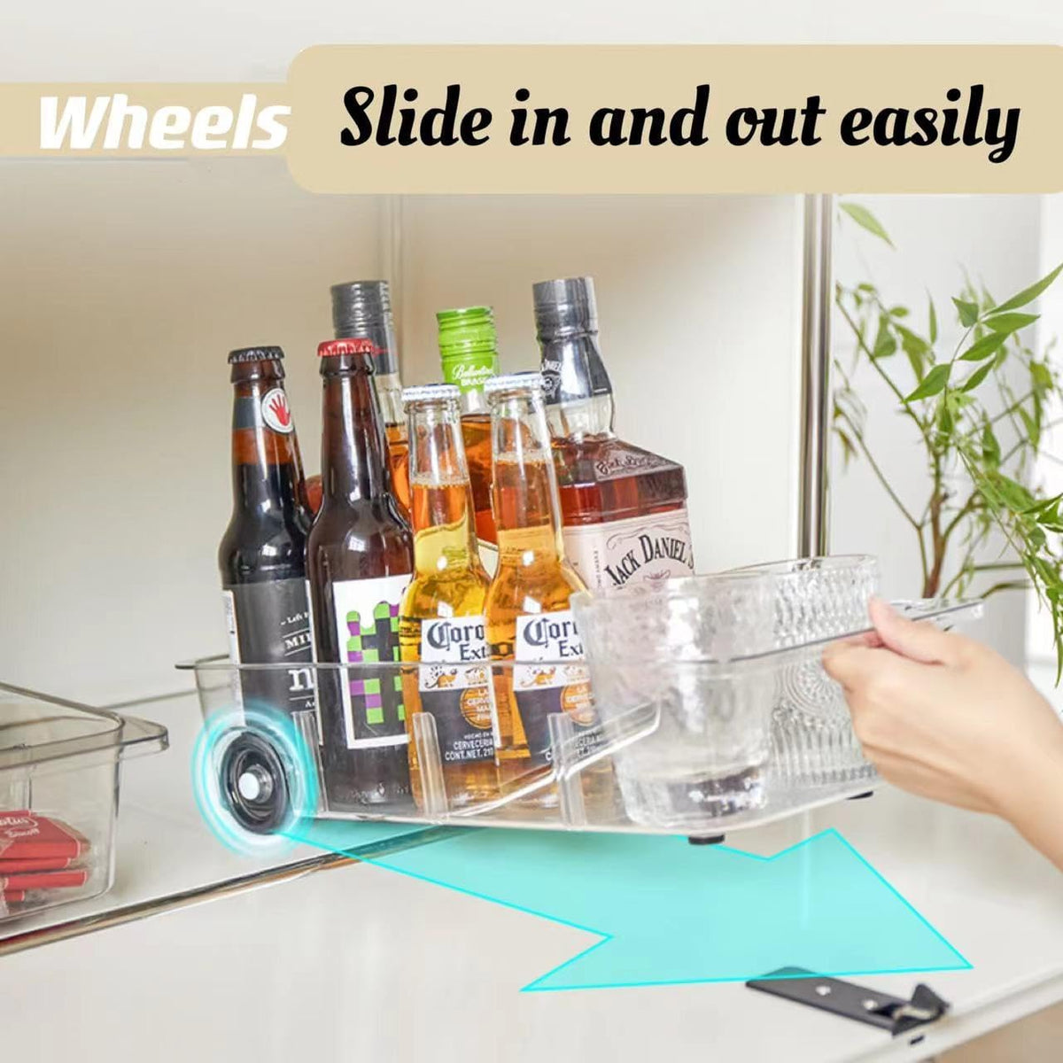 Roll-Out Refrigerator Organizers and Storage, Drawer Fridge Bins | Silicone Wheels, Adjustable Dividers, Thick Clear PET, Built-In Handle, for Fridge, Pantry, Bathroom & Kitchen Organization