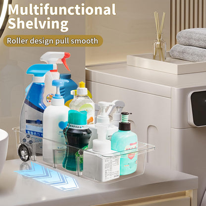 Roll-Out Refrigerator Organizers and Storage, Drawer Fridge Bins | Silicone Wheels, Adjustable Dividers, Thick Clear PET, Built-In Handle, for Fridge, Pantry, Bathroom & Kitchen Organization