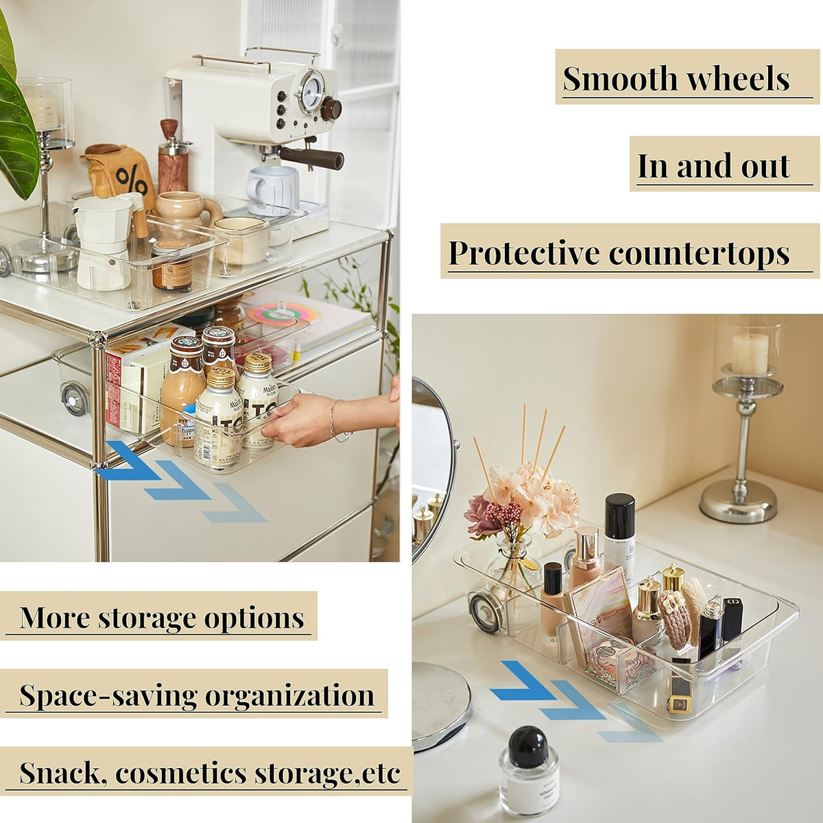 Roll-Out Refrigerator Organizers and Storage, Drawer Fridge Bins | Silicone Wheels, Adjustable Dividers, Thick Clear PET, Built-In Handle, for Fridge, Pantry, Bathroom & Kitchen Organization
