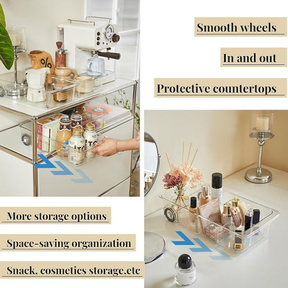 Roll-Out Refrigerator Organizers and Storage, Drawer Fridge Bins | Silicone Wheels, Adjustable Dividers, Thick Clear PET, Built-In Handle, for Fridge, Pantry, Bathroom & Kitchen Organization
