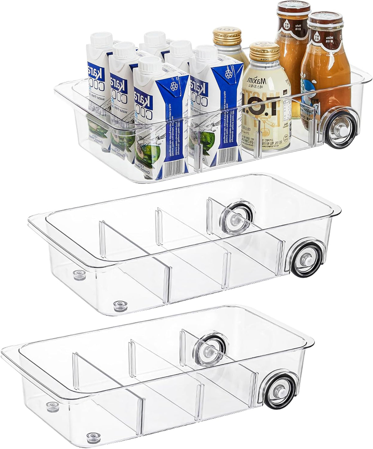 Roll-Out Refrigerator Organizers and Storage, Drawer Fridge Bins | Silicone Wheels, Adjustable Dividers, Thick Clear PET, Built-In Handle, for Fridge, Pantry, Bathroom & Kitchen Organization