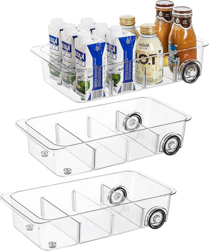 Roll-Out Refrigerator Organizers and Storage, Drawer Fridge Bins | Silicone Wheels, Adjustable Dividers, Thick Clear PET, Built-In Handle, for Fridge, Pantry, Bathroom & Kitchen Organization