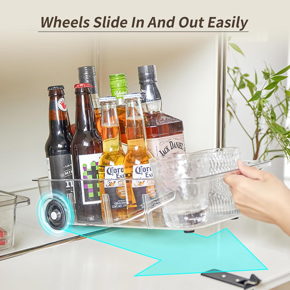 Roll-Out Refrigerator Organizers and Storage, Drawer Fridge Bins | Silicone Wheels, Adjustable Dividers, Thick Clear PET, Built-In Handle, for Fridge, Pantry, Bathroom & Kitchen Organization