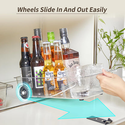 Roll-Out Refrigerator Organizers and Storage, Drawer Fridge Bins | Silicone Wheels, Adjustable Dividers, Thick Clear PET, Built-In Handle, for Fridge, Pantry, Bathroom & Kitchen Organization
