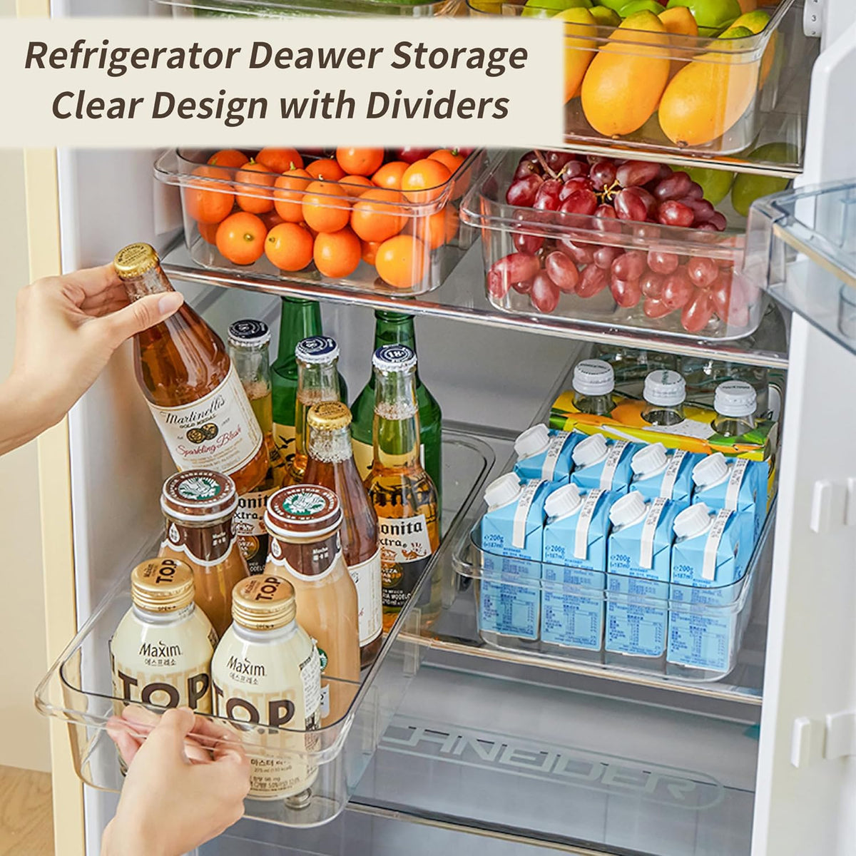 Roll-Out Refrigerator Organizers and Storage, Drawer Fridge Bins | Silicone Wheels, Adjustable Dividers, Thick Clear PET, Built-In Handle, for Fridge, Pantry, Bathroom & Kitchen Organization