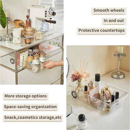Roll-Out Refrigerator Organizers and Storage, Drawer Fridge Bins | Silicone Wheels, Adjustable Dividers, Thick Clear PET, Built-In Handle, for Fridge, Pantry, Bathroom & Kitchen Organization