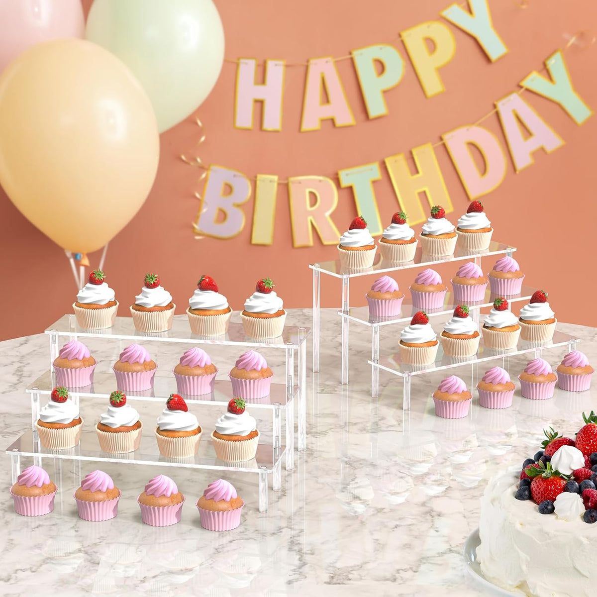 Acrylic Display Risers, 3 Tier Perfume Organizer, Clear Cupcake Stand | Large Shelf Risers for Figures, Dessert Shelves for Party, Display Holder for Decoration and Organizer