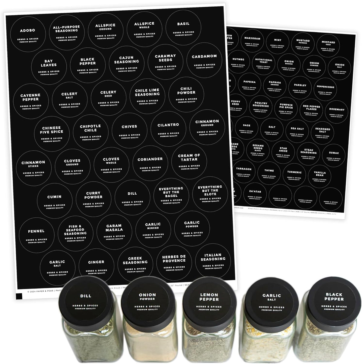 Modern Style Round Black Spice Labels Stickers Preprinted Waterproof - Oil Resistant Kitchen Pantry Labels for Home Improvement - 1.35 Inches Pantry Stickers - Set of 80 (No Jars)