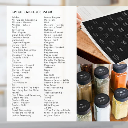 Modern Style Round Black Spice Labels Stickers Preprinted Waterproof - Oil Resistant Kitchen Pantry Labels for Home Improvement - 1.35 Inches Pantry Stickers - Set of 80 (No Jars)