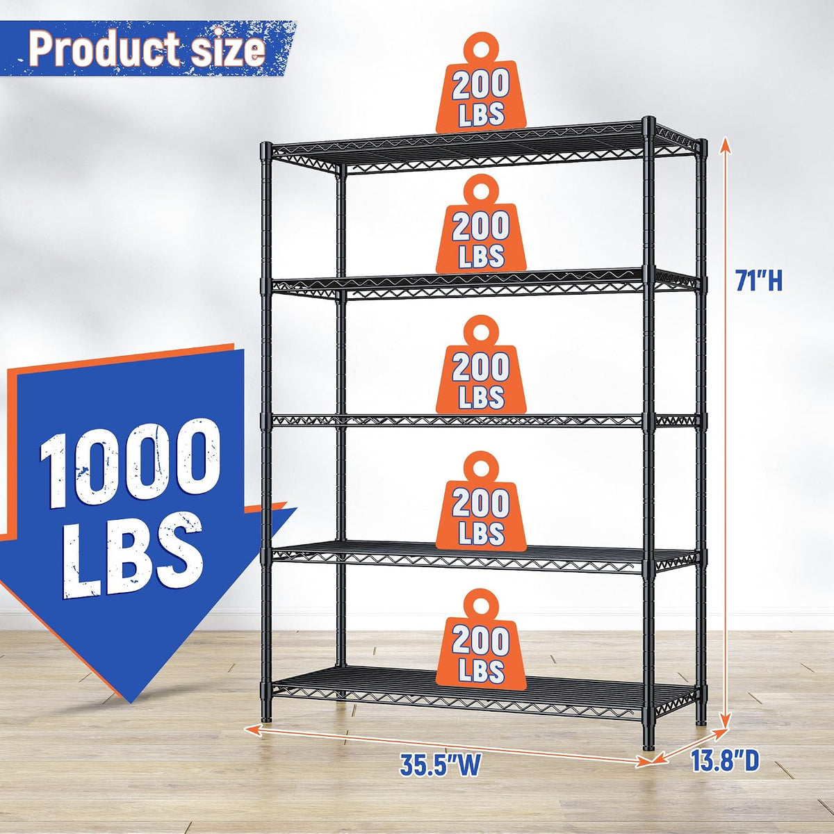 5-Tier 1010LBS Adjustable Narrow Storage Shelves, for Kitchen