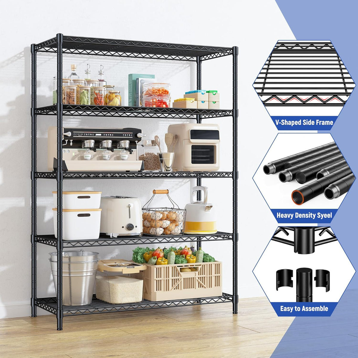 5-Tier 1010LBS Adjustable Narrow Storage Shelves, for Kitchen