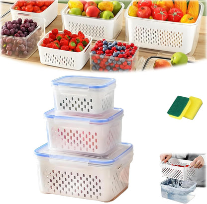 4 in 1 Food Storage Container, Fruit Storage Containers for Fridge, Produce Storage Containers with Lid and Strainer, Including Drain Basket, Multipurpose Large Fruit Containers for Fridge (3PC-White)