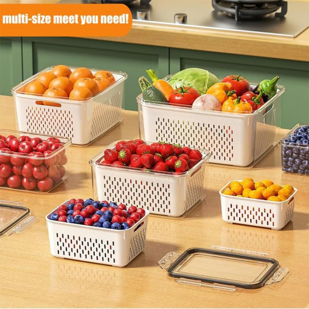 4 in 1 Food Storage Container, Fruit Storage Containers for Fridge, Produce Storage Containers with Lid and Strainer, Including Drain Basket, Multipurpose Large Fruit Containers for Fridge (3PC-White)