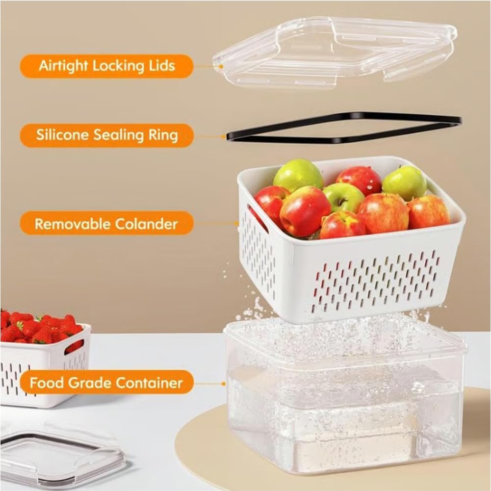 4 in 1 Food Storage Container, Fruit Storage Containers for Fridge, Produce Storage Containers with Lid and Strainer, Including Drain Basket, Multipurpose Large Fruit Containers for Fridge (3PC-White)