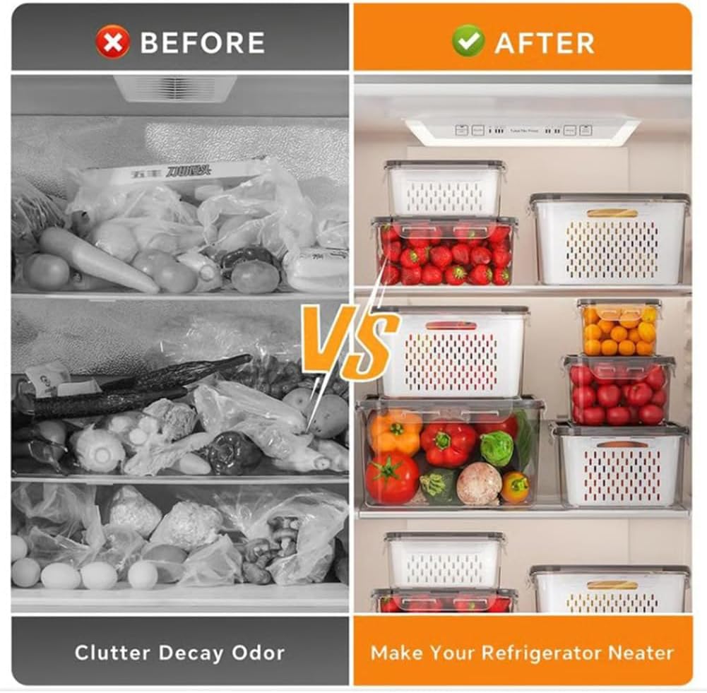 4 in 1 Food Storage Container, Fruit Storage Containers for Fridge, Produce Storage Containers with Lid and Strainer, Including Drain Basket, Multipurpose Large Fruit Containers for Fridge (3PC-White)