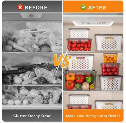 4 in 1 Food Storage Container, Fruit Storage Containers for Fridge, Produce Storage Containers with Lid and Strainer, Including Drain Basket, Multipurpose Large Fruit Containers for Fridge (3PC-White)