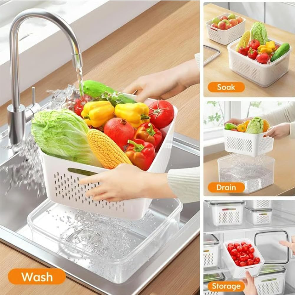 4 in 1 Food Storage Container, Fruit Storage Containers for Fridge, Produce Storage Containers with Lid and Strainer, Including Drain Basket, Multipurpose Large Fruit Containers for Fridge (3PC-White)