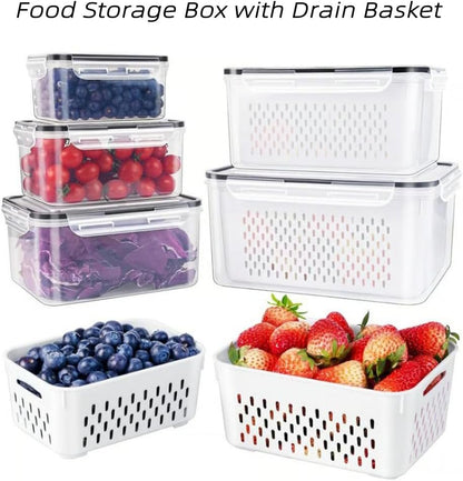 4 in 1 Food Storage Container, Fruit Storage Containers for Fridge, Produce Storage Containers with Lid and Strainer, Including Drain Basket, Multipurpose Large Fruit Containers for Fridge (3PC-White)