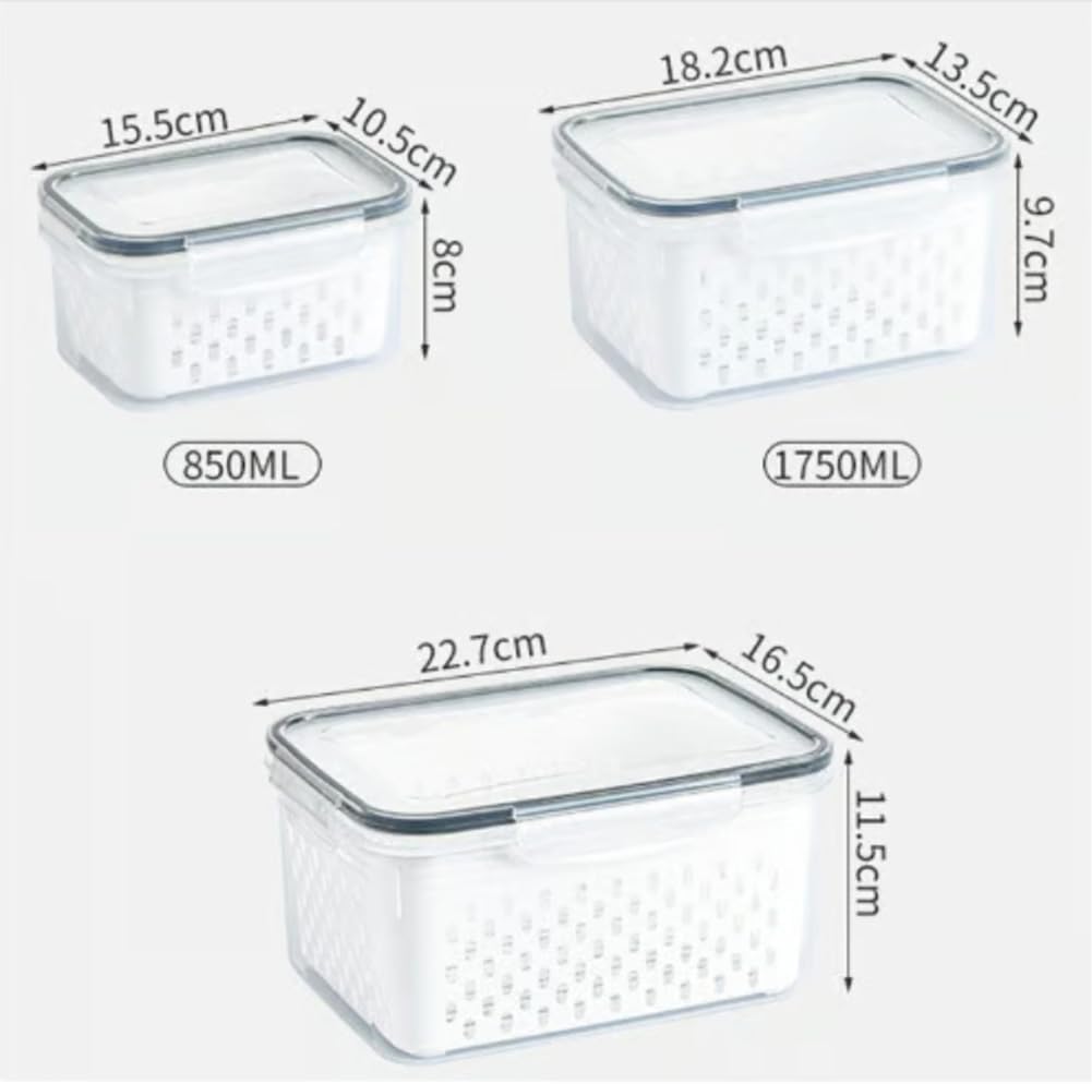 4 in 1 Food Storage Container, Fruit Storage Containers for Fridge, Produce Storage Containers with Lid and Strainer, Including Drain Basket, Multipurpose Large Fruit Containers for Fridge (3PC-White)